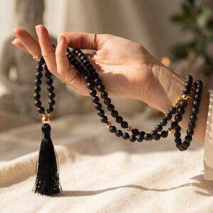 gorjana 32" Black Onyx & Gold Tassel Long Strand Necklace | Mala Style